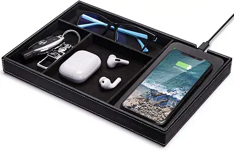 Valet Tray, Built in Wireless Charging Pad, Nightstand Organizer, Dresser Organizer, Mens Jewelry Box